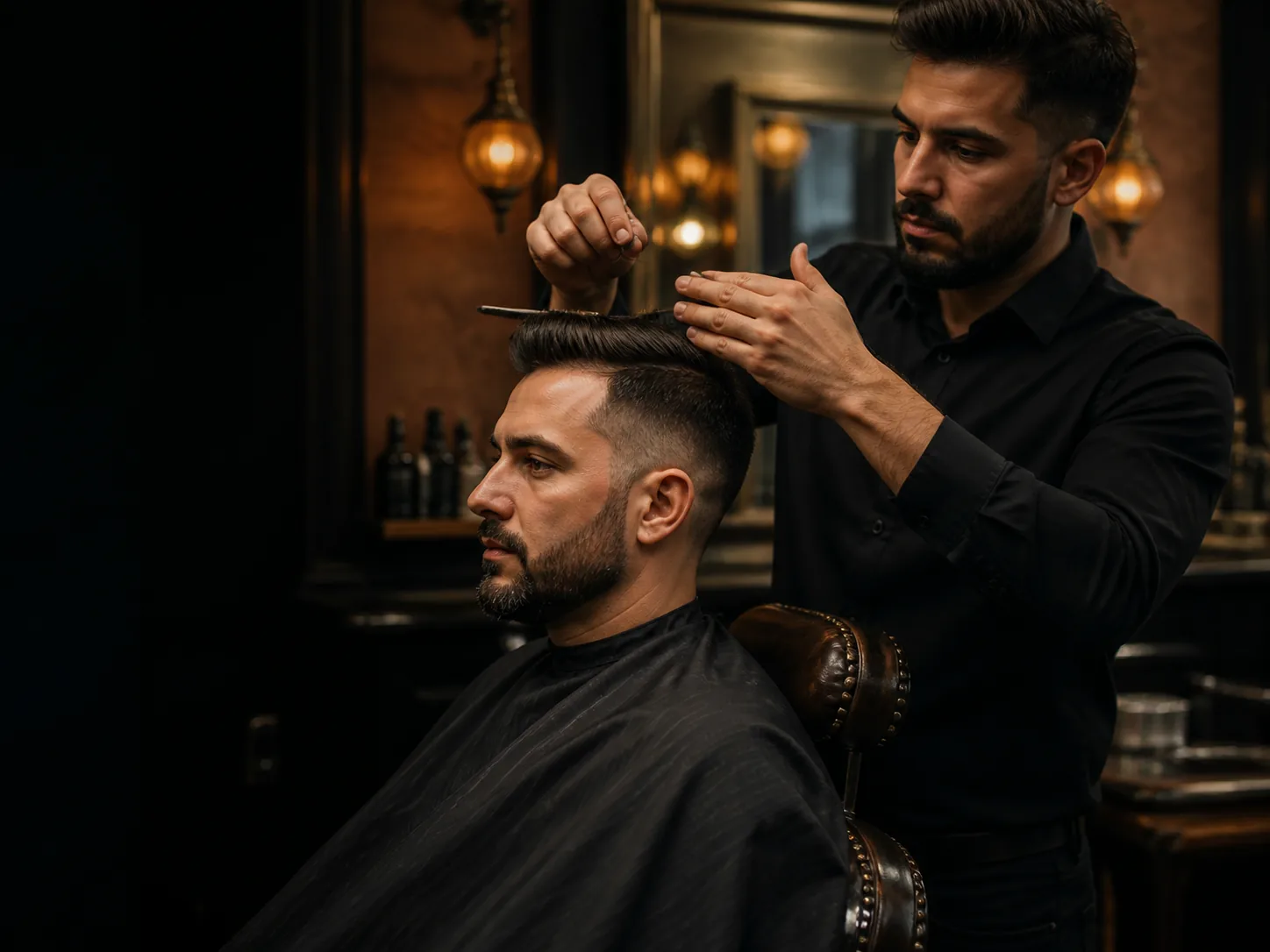Barbeiro a finalizar um corte masculino com tesoura