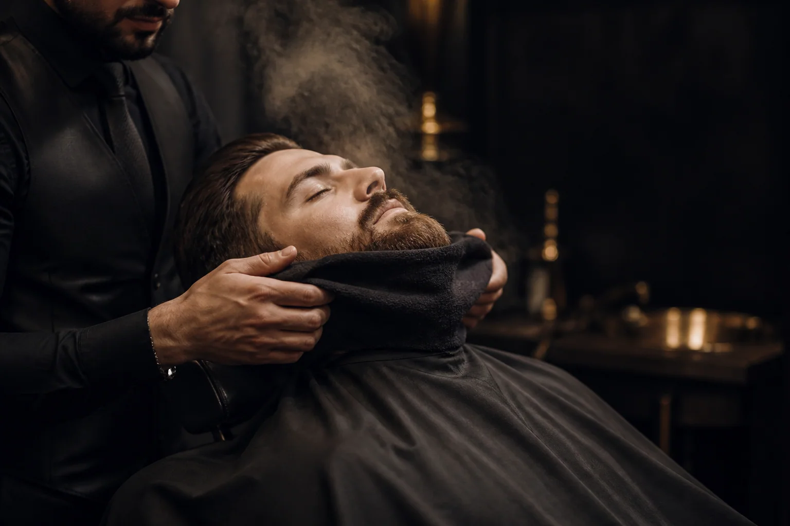 Ritual de barba com toalha quente numa barbearia