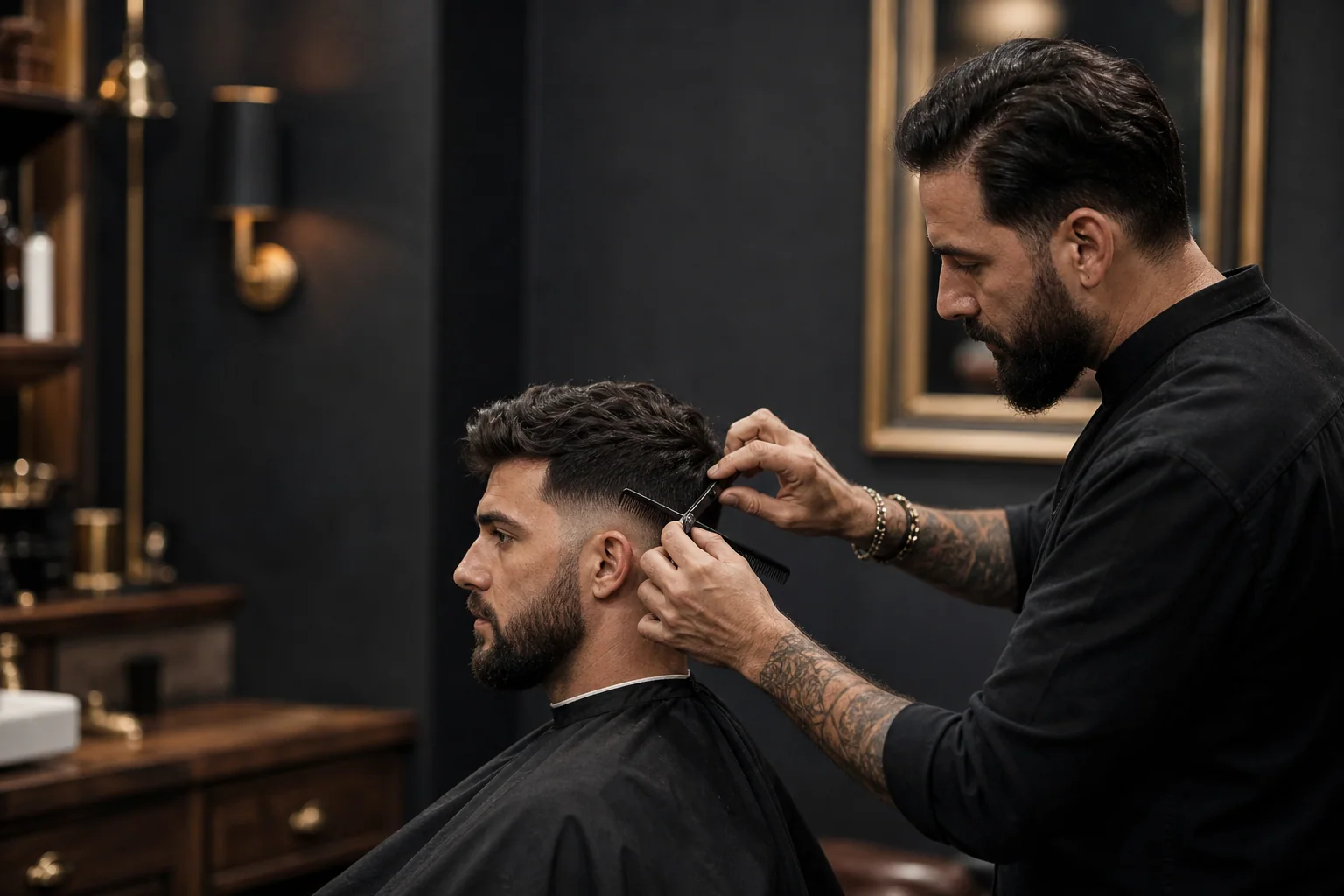 Barbeiro a finalizar um corte masculino com tesoura e pente